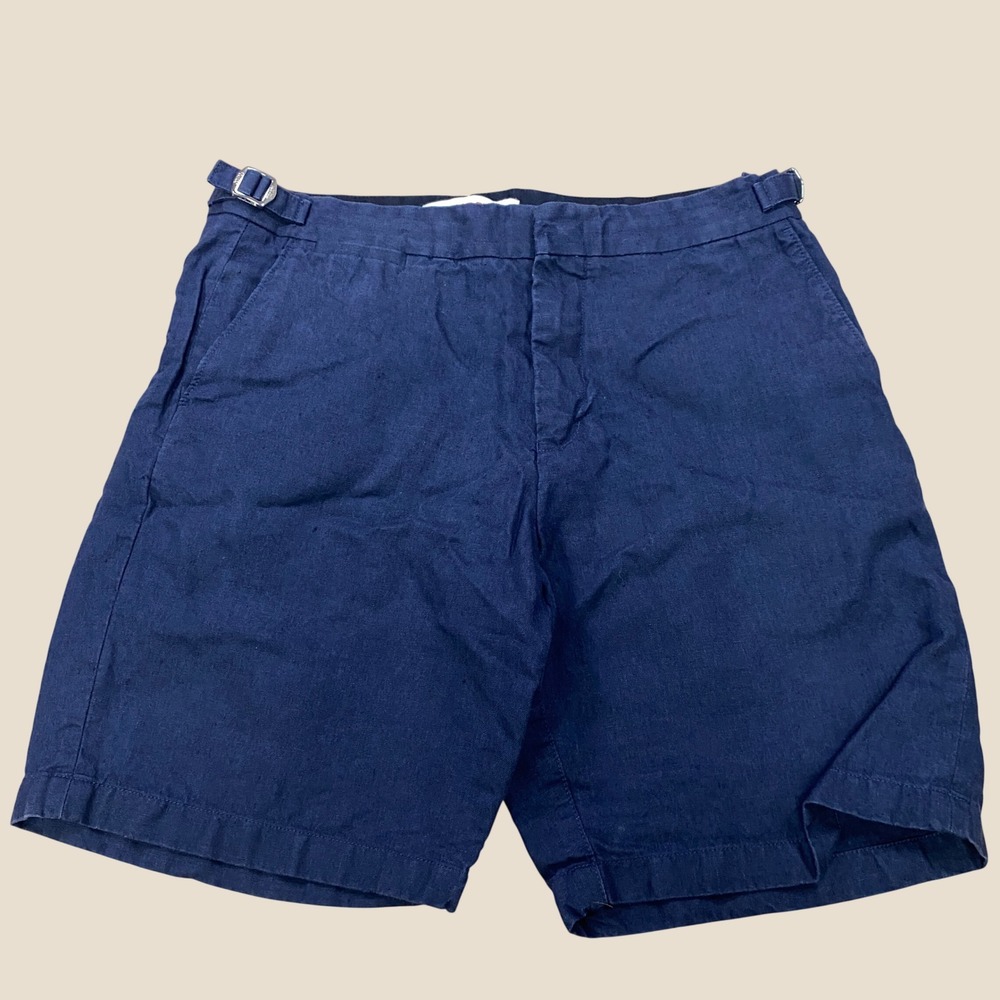 Orlebar Brown Bulldog Shorts Mens 32 Luxury 100% Linen Side Adjusters Navy $345